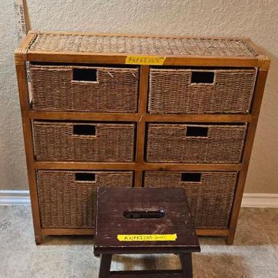 Wooden 6-drawer Wicker Storage Basket Accent & Wooden Step Stool    
