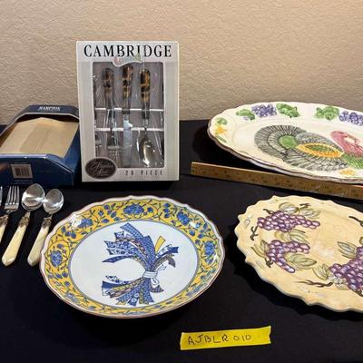 Decorative Serving Plates and Flatware Assortment