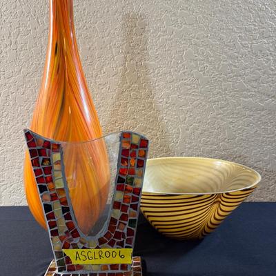 Colorful Art Glass & Mosaic Vase Trio