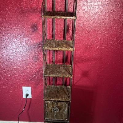Wrought Iron & Wicker 5-Tier Shelf with Drawers