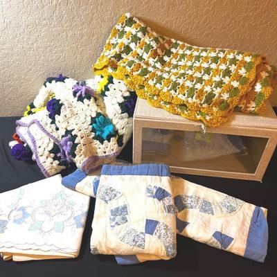 Vintage Crocheted Afghan Throws & Embroidered Pillowcases