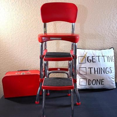 Retro Red Step Stool Chair with Chrome Frame