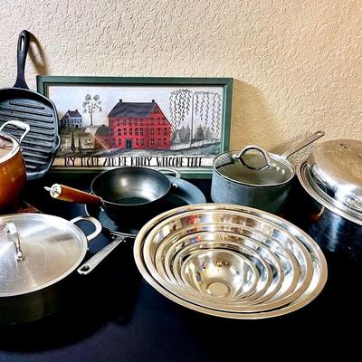 Assorted Cookware & Kitchen Essentials – Cast Iron, Copper, Stainless & Mixing Bowls
