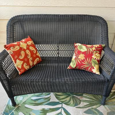 Wicker Look Plastic & Metal Loveseat w/Pillows