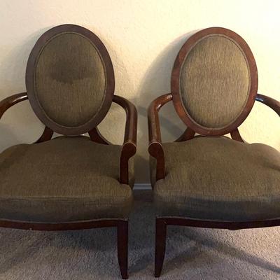 Pair Of Medallion Back Wood Upholstered Armchairs