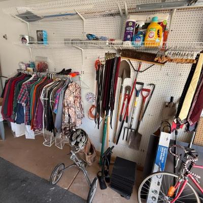 Men's clothes, tools, bicycle, golf clubs and bag, propane weed torch 