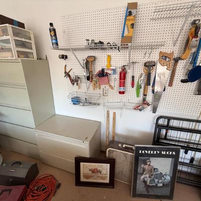 Tools, filing cabinets, art, twin bed frame 