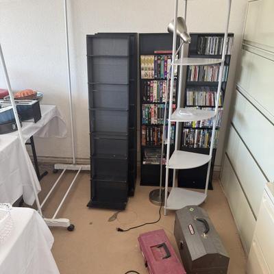 VHS, dvd, cd, shelves, lamp, tool boxes