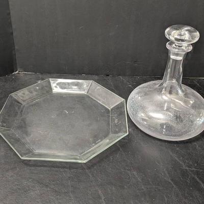French Glass Octagonal Plate & Wine Decanter with Stopper – Vintage Clear Glass