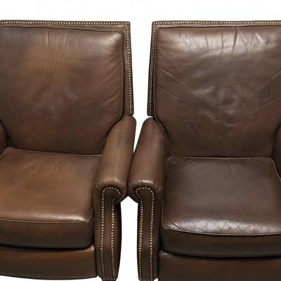 Pair of Brown Leather Recliners with Nailhead Trim – 40" Tall, 32" Long, 31" Wide