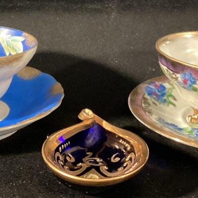 Footed Teacups and Cobalt Blue Teadrop Trinket Dish 