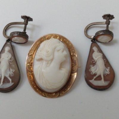 Cameo Earrings and Pin Wrapped in 10K