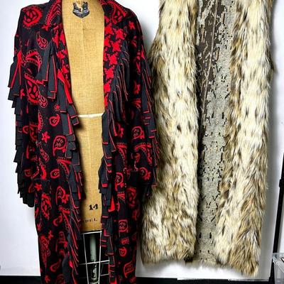 Vintage Fringe Paisley Print Cardigan & Kasper Faux Fur Vest 