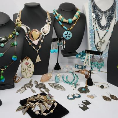 Costume Jewelry Necklaces, Bracelets, Earrings In Blue, Green & Pink Tones