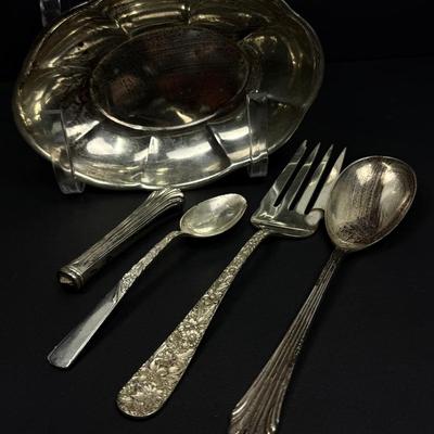 Sterling Silver Marked 8" Bowl with Spoons, Fork, and Weighted Knife Handle
