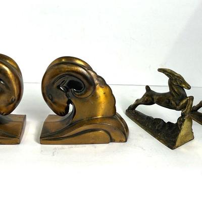 Art Deco Cornell Ram’s Head & Brass Gazelle Bookends 