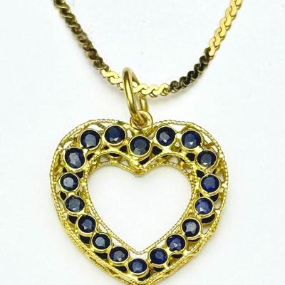 14K Gold Double-Sided Sapphire Heart Pendant On 14K  24" Chain Necklace