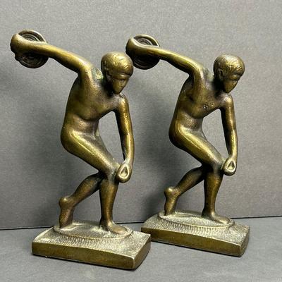 Vintage Art Deco Bronze “Discus Throwers” Bookends – 8" Figurines