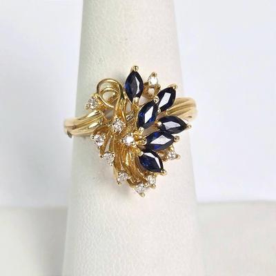 14K Gold Marquise-Cut Sapphire & Diamond Spray Ring - Size 6