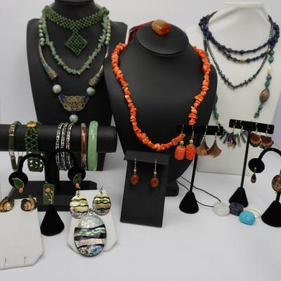 Cloissone, Ennamel & Stone Or Stone-Look Jewelry Including Jadeite, Coral, Lapis Lazuli