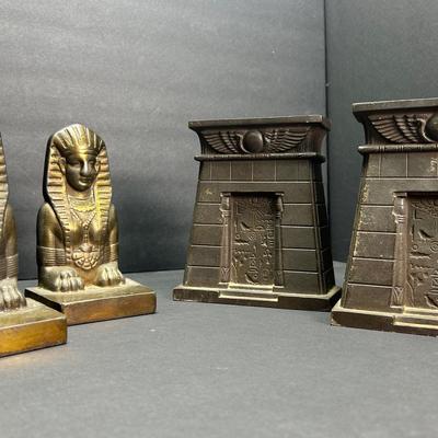 Bradley & Hubbard Style Egyptian Tomb & Art Deco Sphinx Cast Iron Bookends 