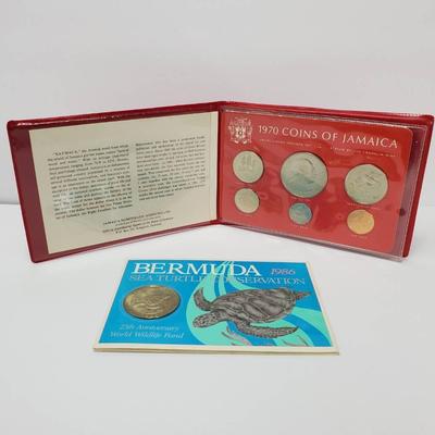Bermuda Sea Turtle WWF Commemorative Coin (1986) & Jamaica Uncirculated 6-Coin Set (1970)