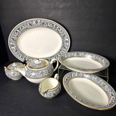 Wedgwood “Florentine Black Dragon” Bone China Teapot, Platter, Serving Bowls, Creamer & Sugar