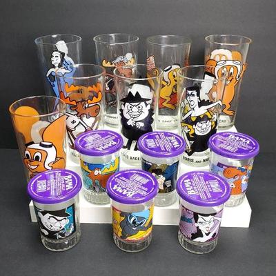 Vintage Rocky & Bullwinkle Collectible Premium Glasses Plus Bama Grape Jelly Jars