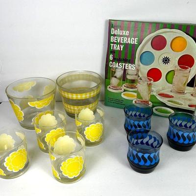 Vintage Barware: Libbey Apollo & Colony Flower Rocks Glasses, Ice Bowls & Coaster Set