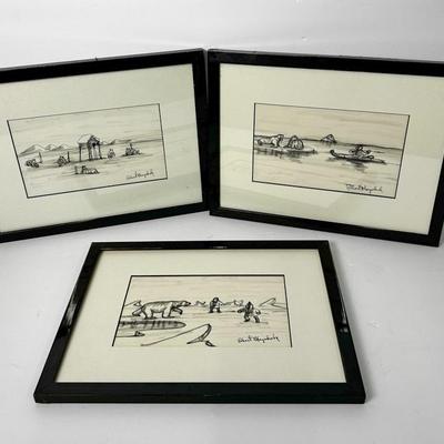 Robert Mayokok Signed Original Inuit Drawings - Framed 9x12”