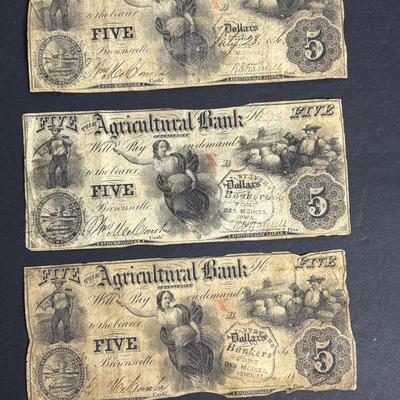 Antique 1855 $5 The Agricultural Bank of Tennessee Obsolete Currency Notes
