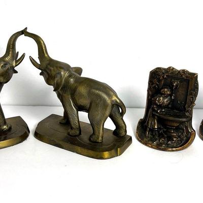 Vintage Metal Bookends – Frankart Inc. 7" Elephant & 5" Girl Drinking from Lion Head Fountain