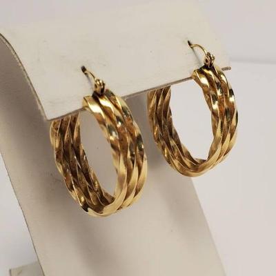 14K Gold Large Triple Twist Hoop Earrings, Hollow - 1.25" Long