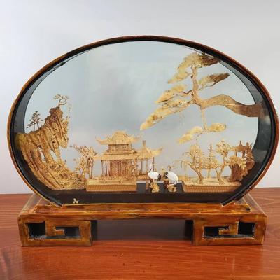 Chinese Carved Cork Diorama In Enclosed Case 16x12.5x3"