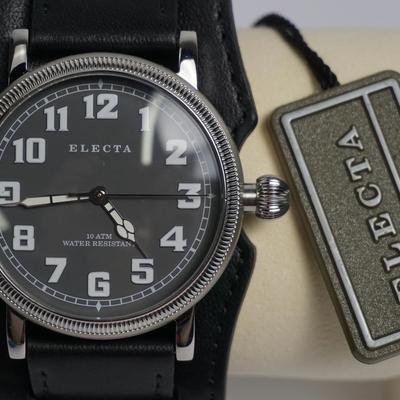 Electa Men's Black Leather Watch, Water Resistant