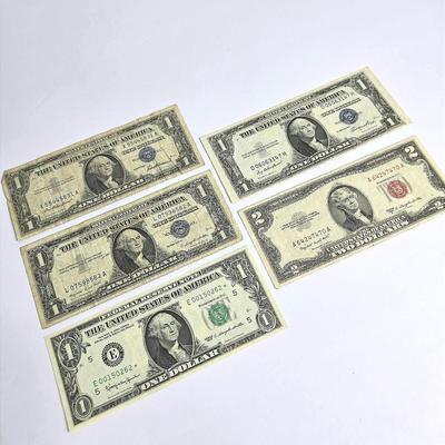 US Currency: 1963 $1 Star Note, 1935 & 1957 $1 Silver Certificates, 1953 Red Seal $2 Bill 