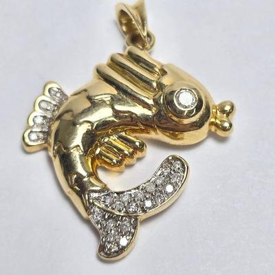 14K Gold Fish Pendant With Diamond Accents - 1" Long