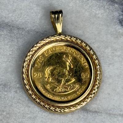 14K Gold 1/10 oz South African Krugerrand Coin Pendant – 1" Long