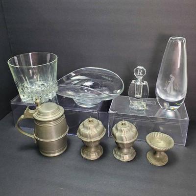 Vicke Lindstrand For Kosta Boda Engraved Vase 9”, European Pewter, Crystal Perfume Bottle, More