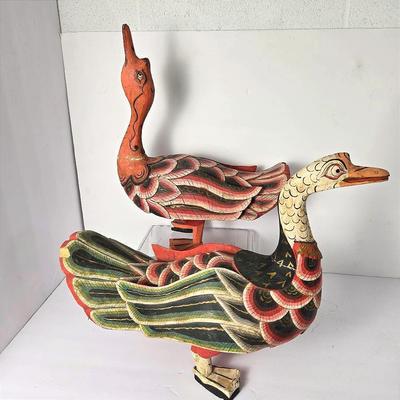 Carved & Painted Wooden Duck Statues with Colorful Feathers – Vintage Indonesian Folk Art 5x16x20"