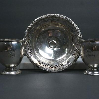 Sterling Silver Marked 7" Candy Bowl with Monogrammed 4" Creamer and Sugar Bowl, Vintage
