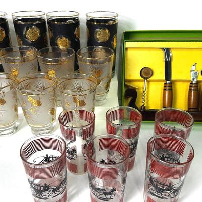 Vintage Bar Glasses & Ideal Souvenir Bar Tool Set 