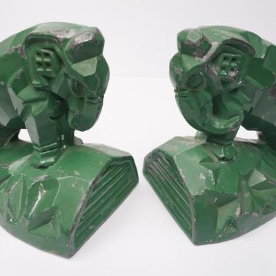 Art Deco Cubist Elephant Bookends - Cold Painted Green