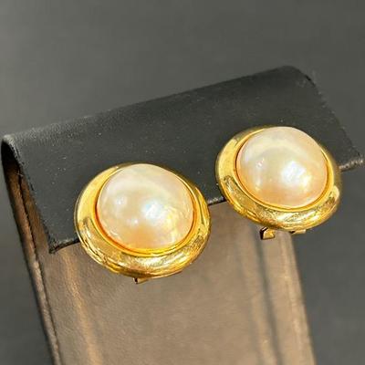 14K Gold Mabe Pearl Earrings with Omega Backs - 7/8" Dia