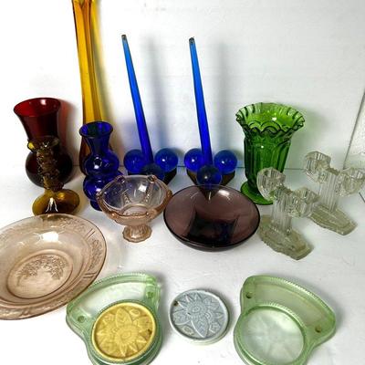 Mid Century & Vintage Glass Including Uranium Coasters, Plus Lucite Candleholders & More