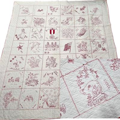 19th Century Redwork Woman's Relief Corps Quilt – Hand-Embroidered, 42 Squares, 76x86"