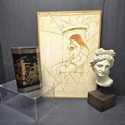 Reproduction Fresco Plaque 16x12”, Apollo Belvedere Bust 10.5”h & Greek Souvenir Vase 7”h