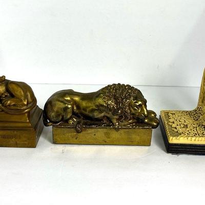 Vintage Lion Of Lucerne, Antonio Canova Vatican Lion & Asian Ivorine Bookends