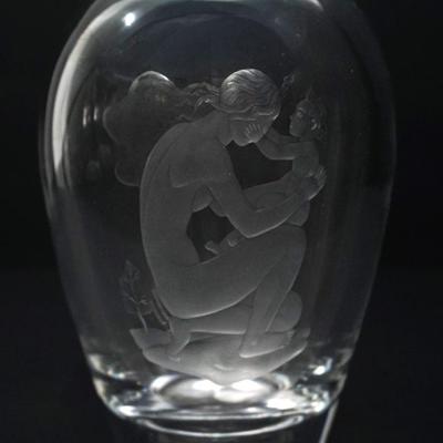 Nils Landberg For Orrefors Engraved Glass Vase - Mother & Child 7”h