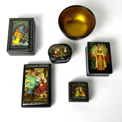 Russian Lacquerware Trinket Boxes & Bowl - Includes Lucy Maxym Collection